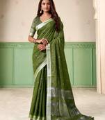 Women olive green woven design linen saree with silver zari