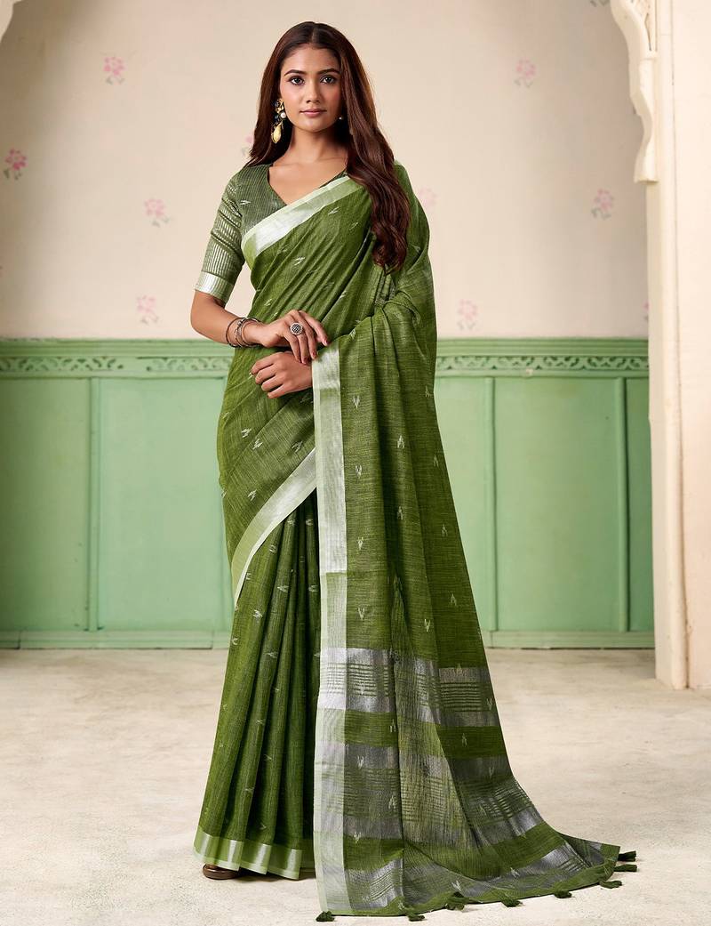 Women olive green woven design linen saree with silver zari