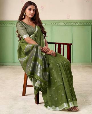 Women olive green woven design linen saree with silver zari 2