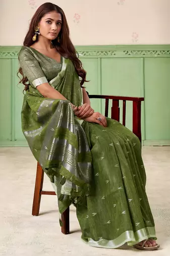 Women olive green woven design linen saree with silver zari