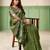 Women olive green woven design linen saree with silver zari