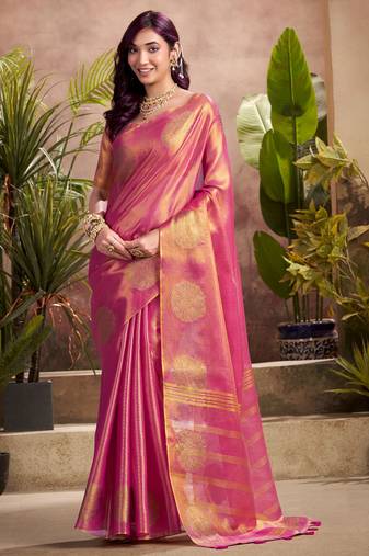 magenta pink woven tissue silk blend saree with mandala motifs