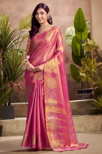 magenta pink woven tissue silk blend saree with mandala motifs