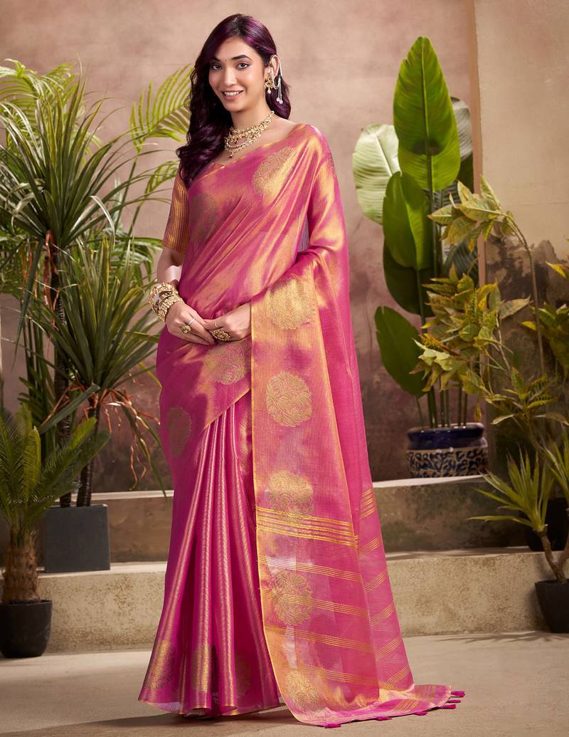 magenta pink woven tissue silk blend saree with mandala motifs