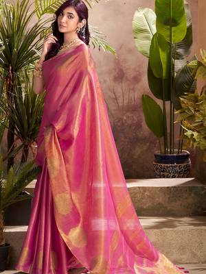 magenta pink woven tissue silk blend saree with mandala motifs 2