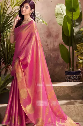 magenta pink woven tissue silk blend saree with mandala motifs
