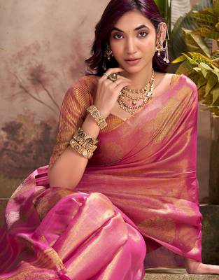 magenta pink woven tissue silk blend saree with mandala motifs 3