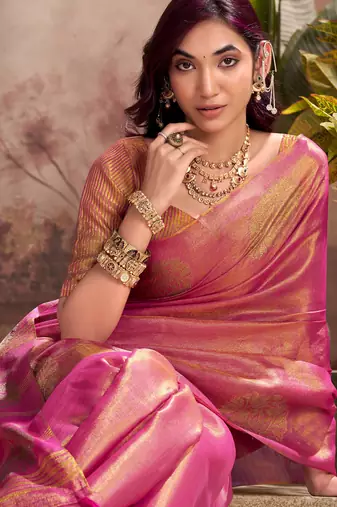 magenta pink woven tissue silk blend saree with mandala motifs