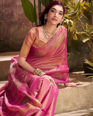 magenta pink woven tissue silk blend saree with mandala motifs 4
