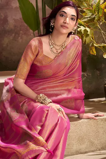 magenta pink woven tissue silk blend saree with mandala motifs