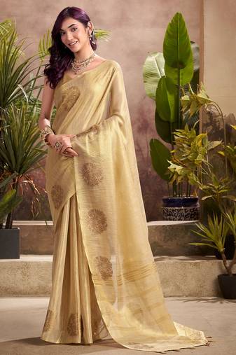 golden beige woven tissue silk blend saree with mandala motifs
