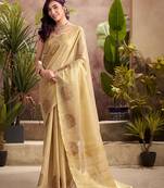 golden beige woven tissue silk blend saree with mandala motifs