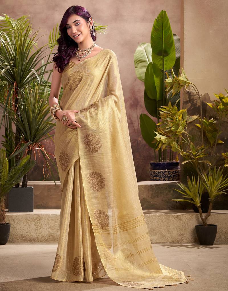 golden beige woven tissue silk blend saree with mandala motifs