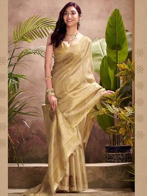 golden beige woven tissue silk blend saree with mandala motifs 2
