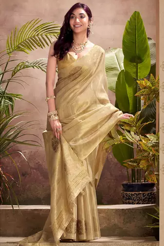 golden beige woven tissue silk blend saree with mandala motifs