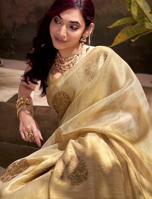 golden beige woven tissue silk blend saree with mandala motifs 4
