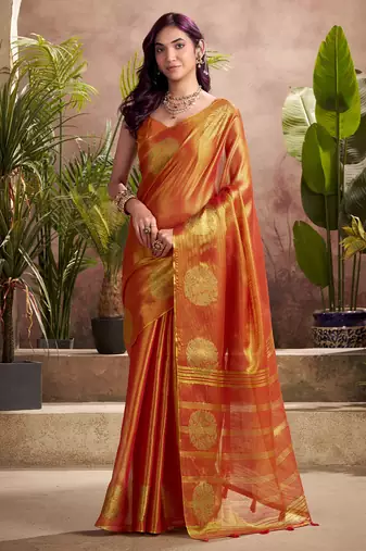 rust orange woven tissue silk blend saree with mandala motifs