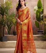 rust orange woven tissue silk blend saree with mandala motifs
