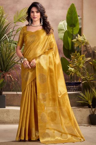 mustard yellow woven tissue silk blend saree with mandala motifs