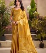 mustard yellow woven tissue silk blend saree with mandala motifs