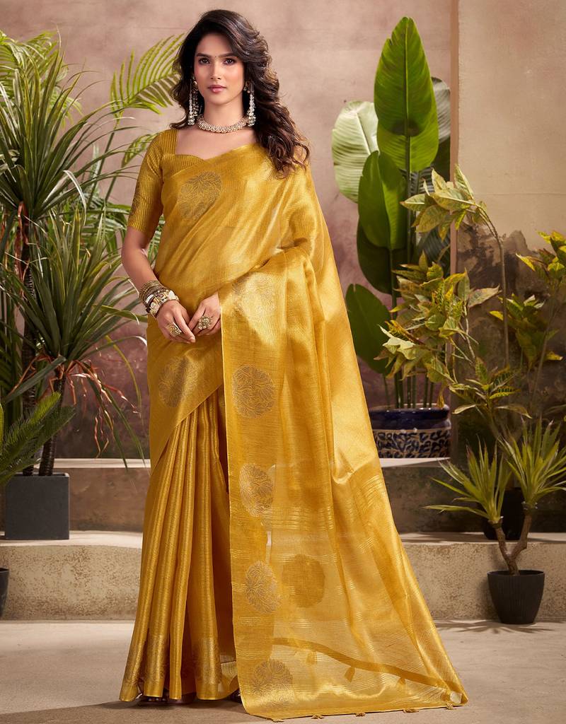 mustard yellow woven tissue silk blend saree with mandala motifs