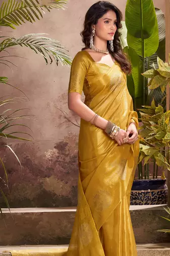 mustard yellow woven tissue silk blend saree with mandala motifs