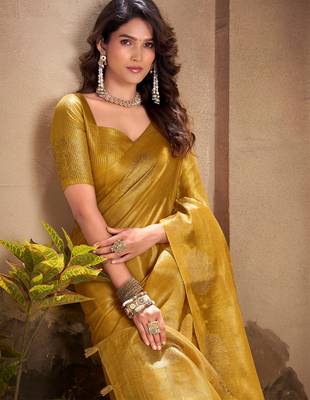 mustard yellow woven tissue silk blend saree with mandala motifs 3