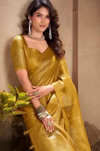 mustard yellow woven tissue silk blend saree with mandala motifs