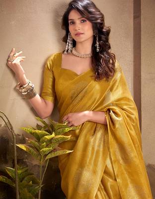 mustard yellow woven tissue silk blend saree with mandala motifs 4