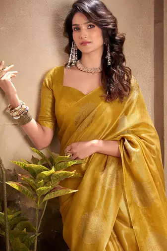 mustard yellow woven tissue silk blend saree with mandala motifs
