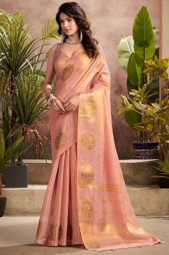 peach & gold woven tissue silk blend saree with mandala motifs