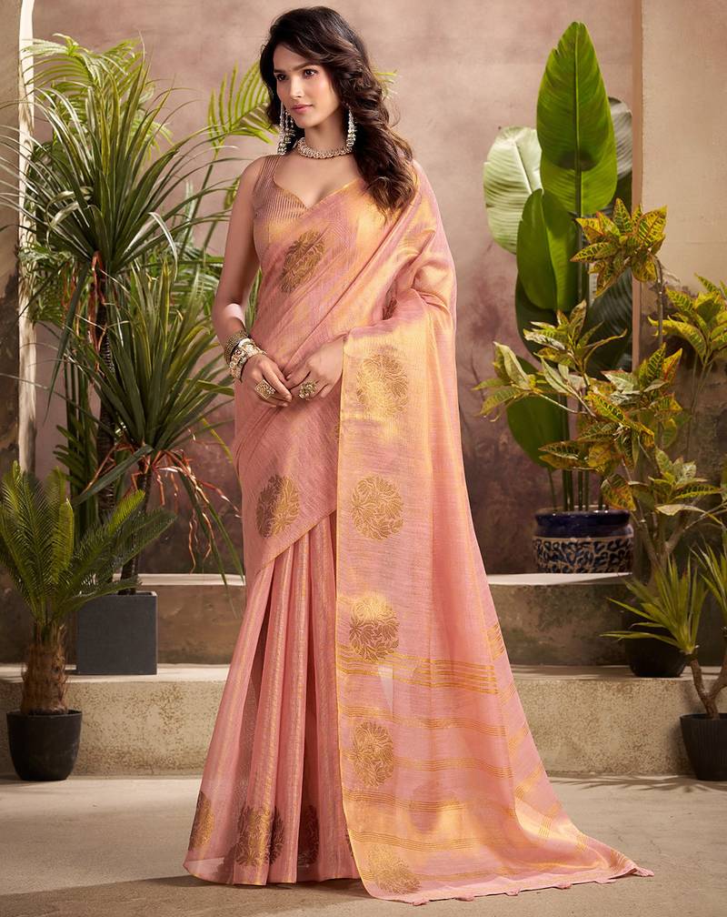 peach & gold woven tissue silk blend saree with mandala motifs