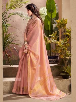 peach & gold woven tissue silk blend saree with mandala motifs 2