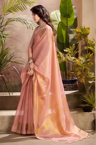 peach & gold woven tissue silk blend saree with mandala motifs