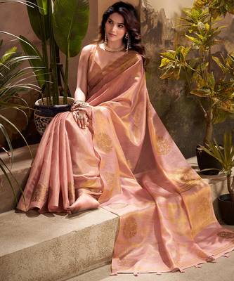 peach & gold woven tissue silk blend saree with mandala motifs 3
