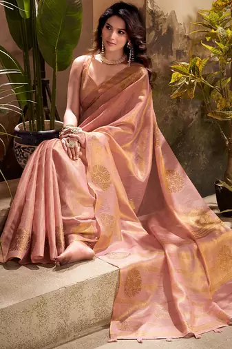 peach & gold woven tissue silk blend saree with mandala motifs