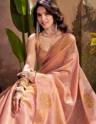 peach & gold woven tissue silk blend saree with mandala motifs 4