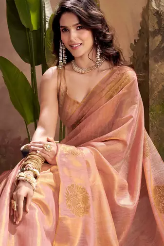 peach & gold woven tissue silk blend saree with mandala motifs
