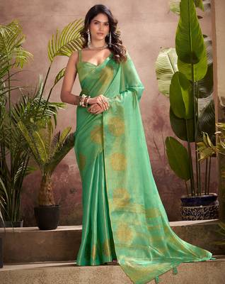 sea green woven tissue silk blend saree with mandala motifs 1