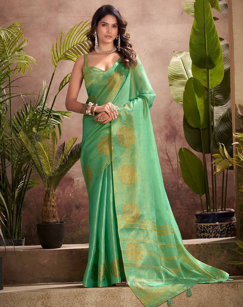 sea green woven tissue silk blend saree with mandala motifs