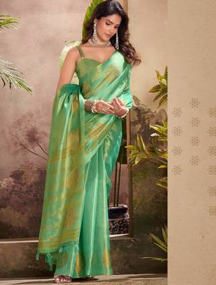 sea green woven tissue silk blend saree with mandala motifs 2