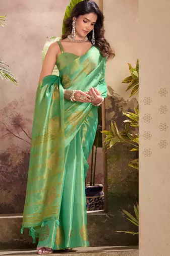 sea green woven tissue silk blend saree with mandala motifs