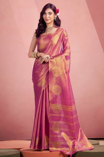 magenta purple woven tissue silk blend saree with mandala motifs