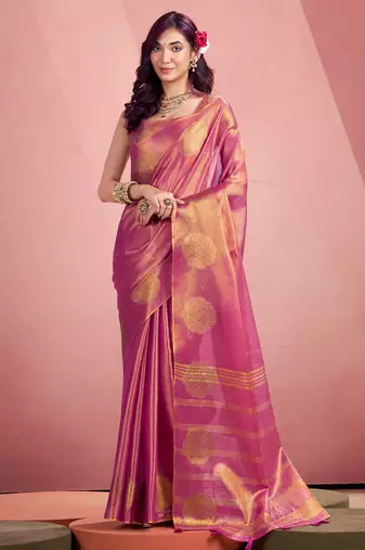 magenta purple woven tissue silk blend saree with mandala motifs