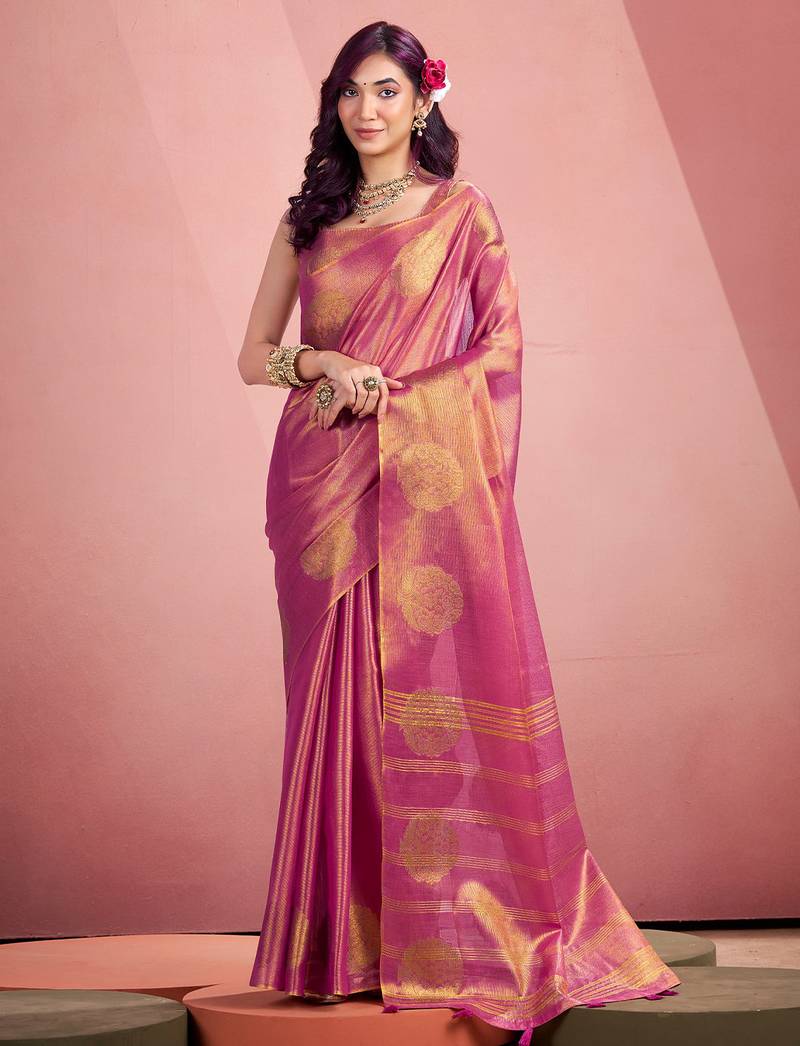 magenta purple woven tissue silk blend saree with mandala motifs