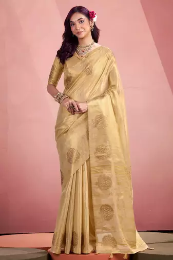 golden beige woven tissue silk blend saree with mandala motifs