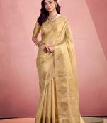 golden beige woven tissue silk blend saree with mandala motifs