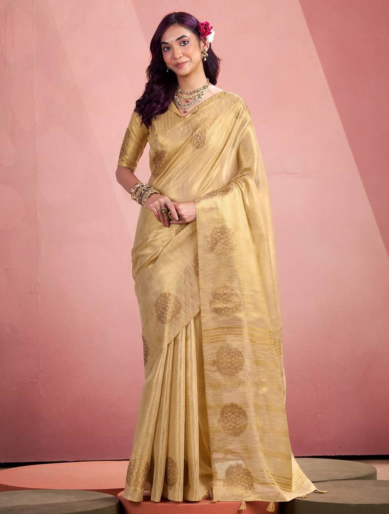 golden beige woven tissue silk blend saree with mandala motifs