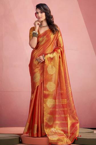 rust orange woven tissue silk blend saree with mandala motifs