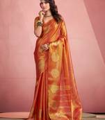 rust orange woven tissue silk blend saree with mandala motifs